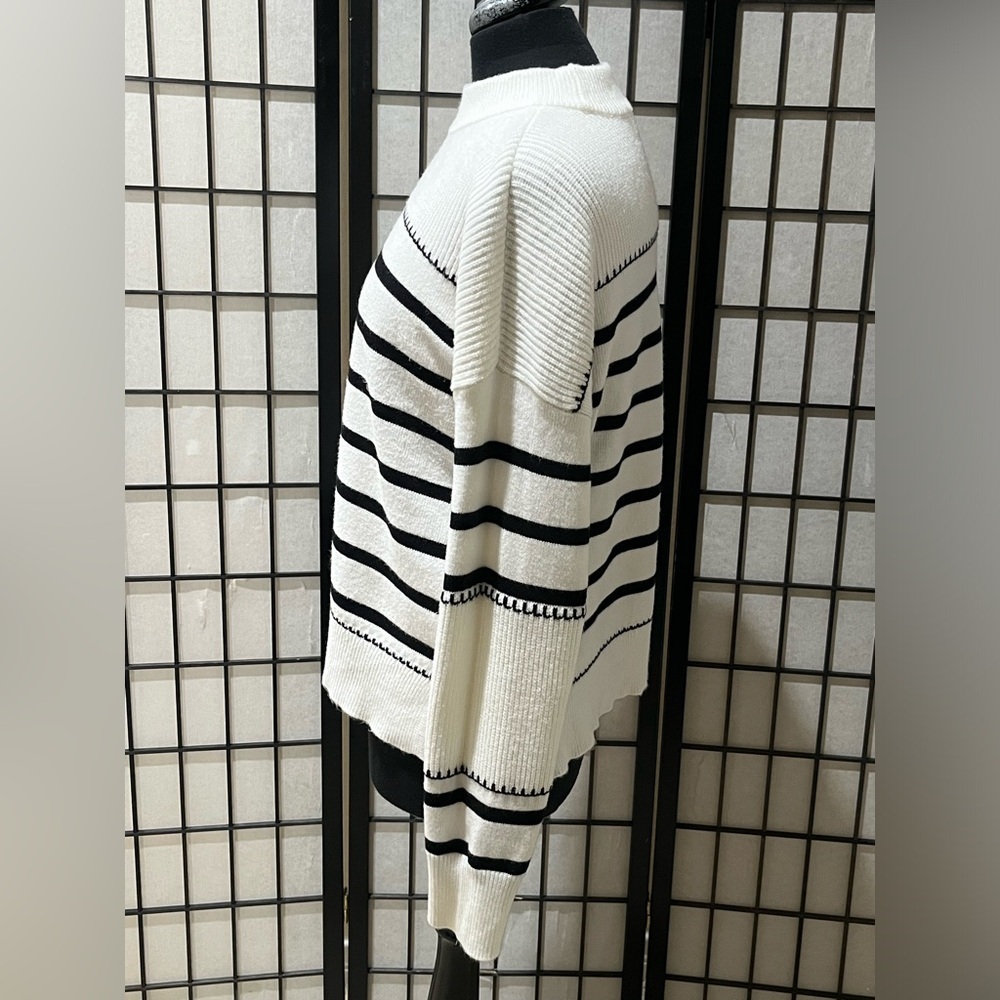 Greige Ribbed Knit Sweater Black - White Stripe, Coastal, WOMEN SIZE L - Picture 4 of 13